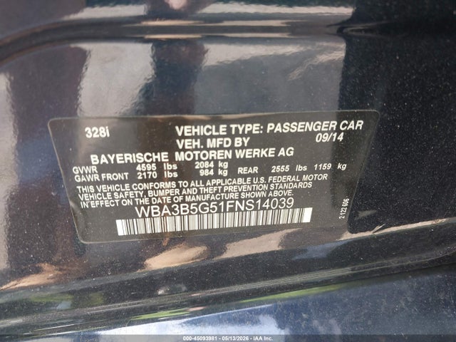 Aukcja sprzedaży 2015 Bmw 328i Xdrive, vin: WBA3B5G51FNS14039, numer aukcji: 45093981