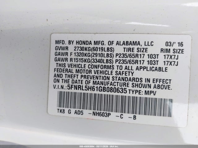 5FNRL5H61GB080635 Honda Odyssey Ex-l