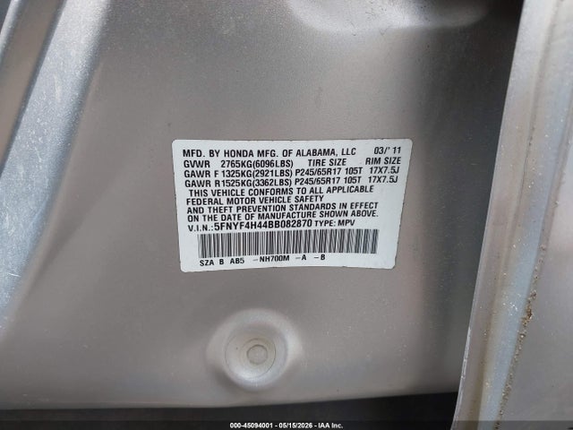 Продаж на аукціоні авто 2011 Honda Pilot Ex, vin: 5FNYF4H44BB082870, номер лоту: 45094001