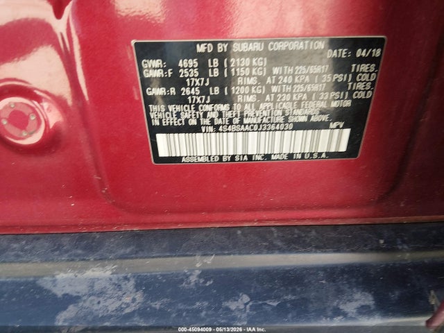45094009 :رقم المزاد ، 4S4BSAAC0J3364030 vin ، 2018 Subaru Outback 2.5i مزاد بيع