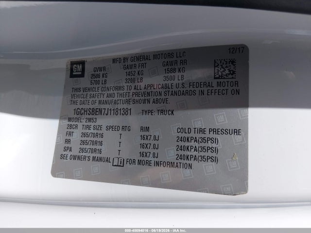 Aukcja sprzedaży 2018 Chevrolet Colorado Wt, vin: 1GCHSBEN7J1181381, numer aukcji: 45094016