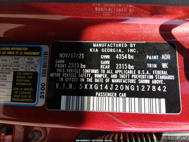 5XXG14J20NG127842 KIA K5 LXS