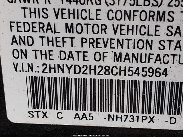Продажа на аукционе авто 2012 Acura Mdx, vin: 2HNYD2H28CH545964, номер лота: 45094019