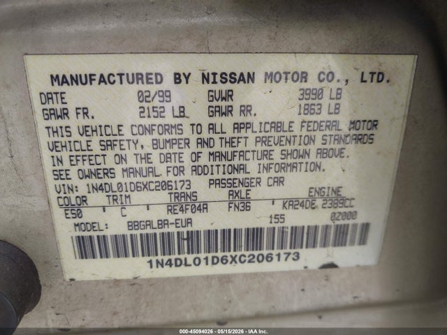 Продаж на аукціоні авто 1999 Nissan Altima Xe/gxe/se/gle, vin: 1N4DL01D6XC206173, номер лоту: 45094026