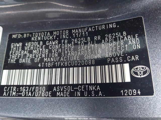 Продажа на аукционе авто 2012 Toyota Camry Le, vin: 4T1BF1FK8CU020088, номер лота: 45094030