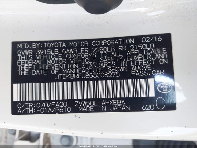 Toyota Prius Two 2016 JTDKBRFU8G3008275 Image 9