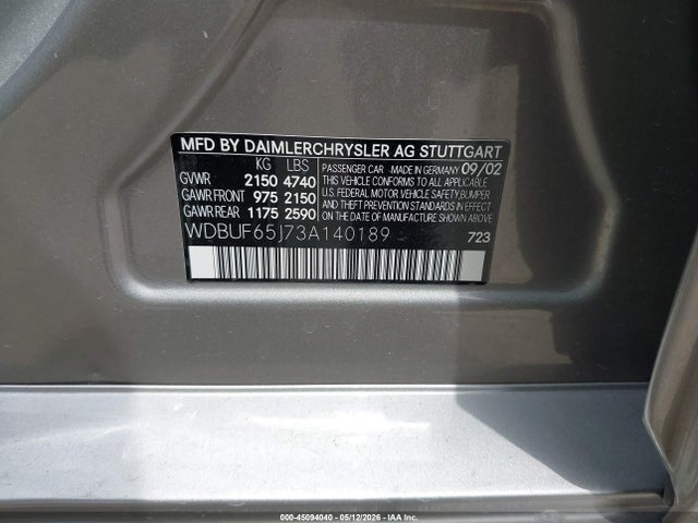 2003 Mercedes-benz E 320 მანქანა იყიდება აუქციონზე, vin: WDBUF65J73A140189, აუქციონის ნომერი: 45094040