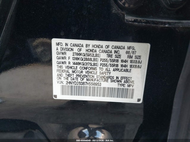 2007 Acura Mdx Technology Package მანქანა იყიდება აუქციონზე, vin: 2HNYD28387H550953, აუქციონის ნომერი: 45094049
