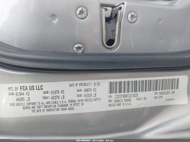 2015 Dodge Dart Sxt მანქანა იყიდება აუქციონზე, vin: 1C3CDFBB8FD315525, აუქციონის ნომერი: 45094052