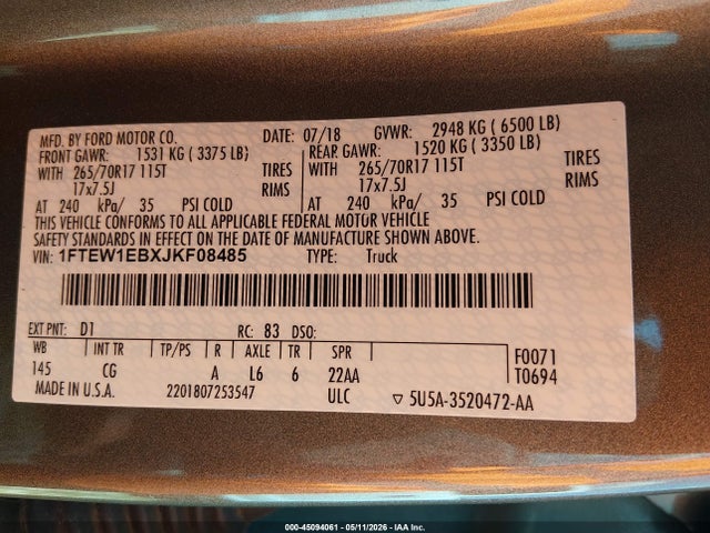 Ford F-150 Xl 2018 1FTEW1EBXJKF08485 Image 9