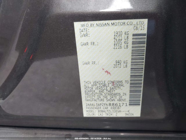 Aukcja sprzedaży 2015 Nissan Altima 2.5 Sl, vin: 1N4AL3AP2FN886171, numer aukcji: 45094065