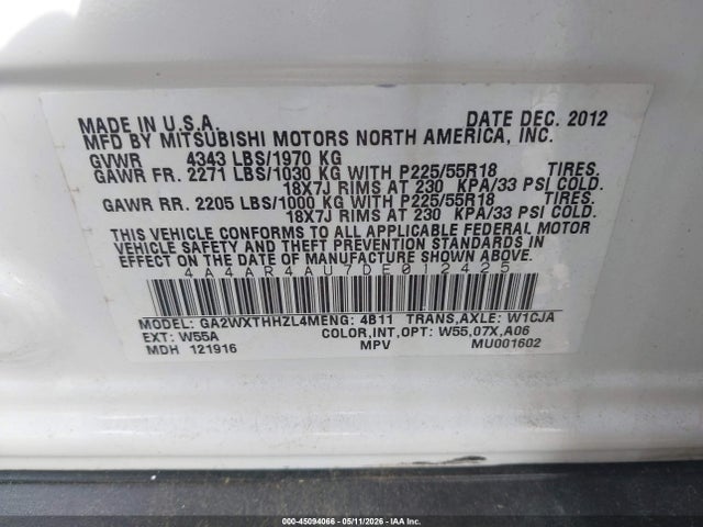 Продаж на аукціоні авто 2013 Mitsubishi Outlander Sport Se, vin: 4A4AR4AU7DE012425, номер лоту: 45094066