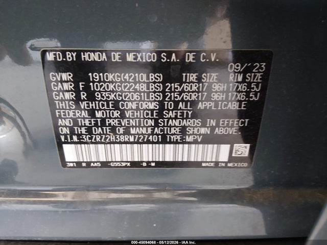 Aukcja sprzedaży 2024 Honda Hr-v Awd Lx, vin: 3CZRZ2H38RM727401, numer aukcji: 45094068