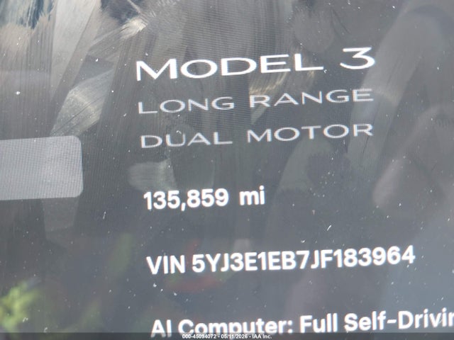 2018 Tesla Model 3 Long Range/performance მანქანა იყიდება აუქციონზე, vin: 5YJ3E1EB7JF183964, აუქციონის ნომერი: 45094072