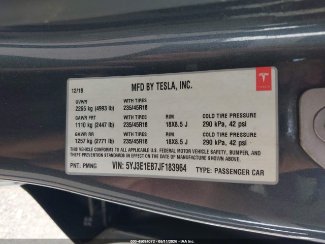 2018 Tesla Model 3 Long Range/performance მანქანა იყიდება აუქციონზე, vin: 5YJ3E1EB7JF183964, აუქციონის ნომერი: 45094072