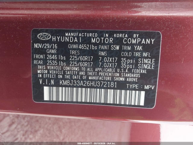 2017 Hyundai Tucson Eco მანქანა იყიდება აუქციონზე, vin: KM8J33A26HU372181, აუქციონის ნომერი: 45094077