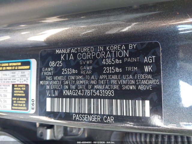 45094093 :رقم المزاد ، KNAG24J78T5431993 vin ، 2026 Kia K5 Lxs Fwd مزاد بيع