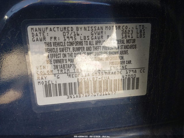 Продаж на аукціоні авто 2016 Nissan Sentra S, vin: 3N1AB7AP7GY316677, номер лоту: 45094103