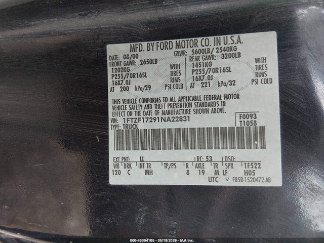 45094105 :رقم المزاد ، 1FTZF17291NA22831 vin ، 2001 Ford F-150 Xl/xlt مزاد بيع