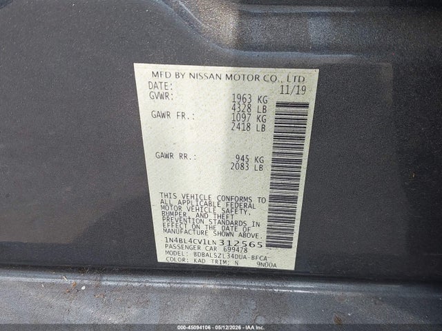 Продаж на аукціоні авто 2020 Nissan Altima Sr Fwd, vin: 1N4BL4CV1LN312565, номер лоту: 45094106