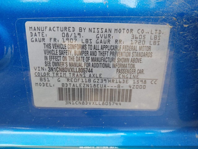 Aukcja sprzedaży 2020 Nissan Versa S Xtronic Cvt, vin: 3N1CN8DVXLL805744, numer aukcji: 45094110