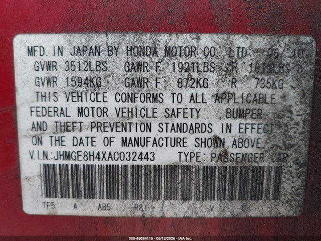 2010 Honda Fit Sport მანქანა იყიდება აუქციონზე, vin: JHMGE8H4XAC032443, აუქციონის ნომერი: 45094115