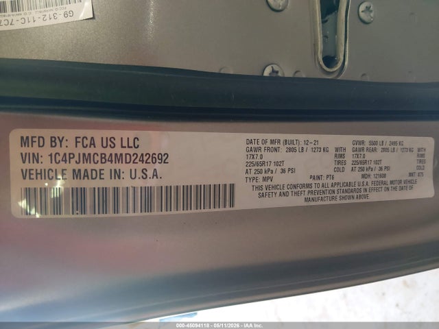 Aukcja sprzedaży 2021 Jeep Cherokee Latitude 4x4, vin: 1C4PJMCB4MD242692, numer aukcji: 45094118
