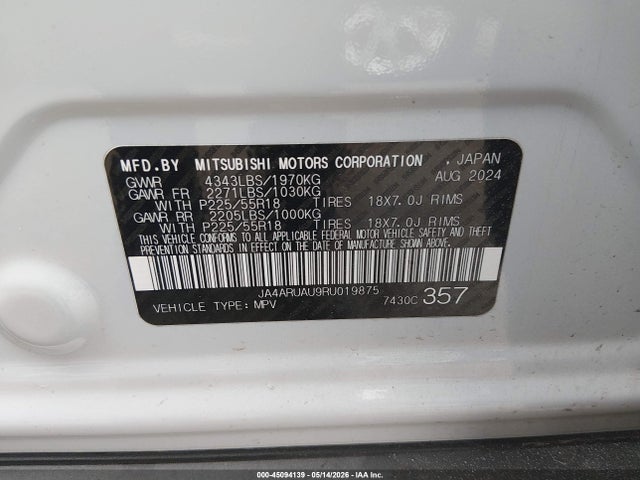 Auction sale of the 2024 Mitsubishi Outlander Sport 2.0 Es Awc/2.0 Le Awc/2.0 Ralliart Awc/2.0 S Awc/2.0 Se Awc/2.0 Trail Edition Awc, vin: JA4ARUAU9RU019875, lot number: 45094139
