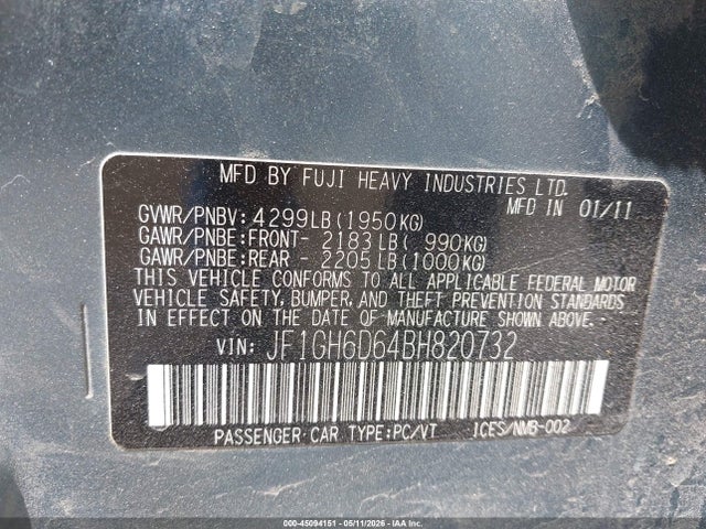 2011 Subaru Impreza Outback Sport მანქანა იყიდება აუქციონზე, vin: JF1GH6D64BH820732, აუქციონის ნომერი: 45094151