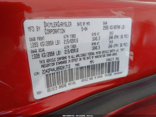 2005 Dodge Grand Caravan Sxt მანქანა იყიდება აუქციონზე, vin: 2D4GP44L05R201712, აუქციონის ნომერი: 45094152