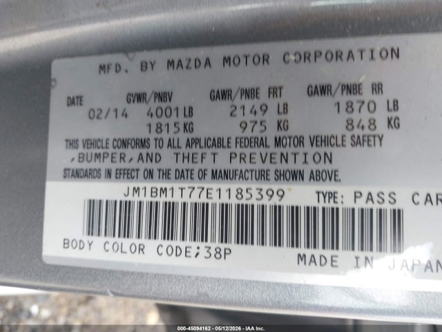 45094162 :رقم المزاد ، JM1BM1T77E1185399 vin ، 2014 Mazda Mazda3 I Sv مزاد بيع