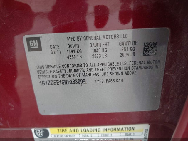 Aukcja sprzedaży 2011 Chevrolet Malibu 2lt, vin: 1G1ZD5E16BF283099, numer aukcji: 45094161