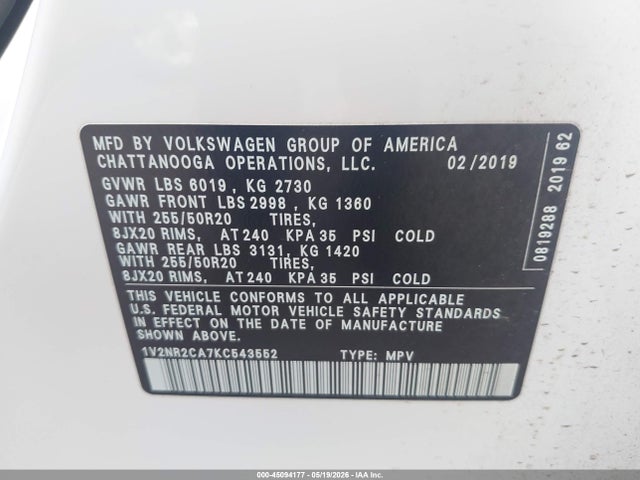 2019 Volkswagen Atlas 3.6l V6 Sel Premium მანქანა იყიდება აუქციონზე, vin: 1V2NR2CA7KC543552, აუქციონის ნომერი: 45094177