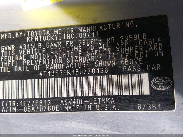 45094183 :رقم المزاد ، 4T1BF3EK1BU770136 vin ، 2011 Toyota Camry Le مزاد بيع