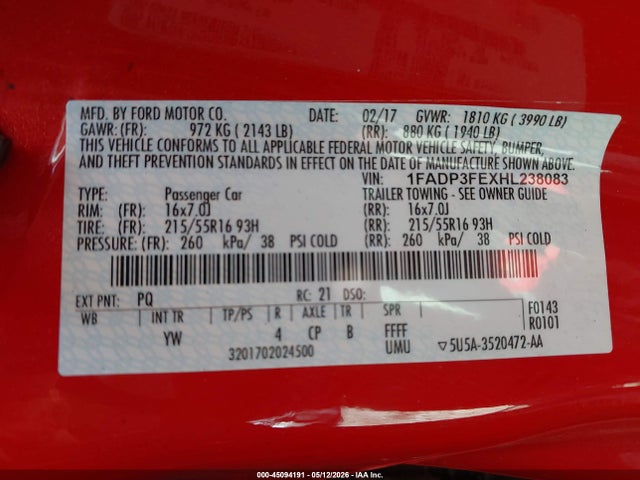Продаж на аукціоні авто 2017 Ford Focus Se, vin: 1FADP3FEXHL238083, номер лоту: 45094191