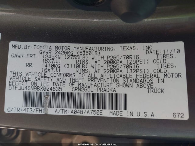 Aukcja sprzedaży 2011 Toyota Tacoma Prerunner V6, vin: 5TFJU4GN9BX004835, numer aukcji: 45094193