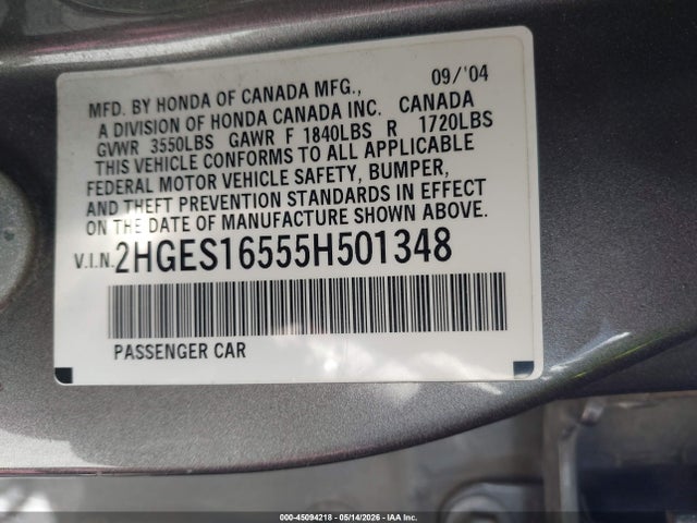 2005 Honda Civic Lx მანქანა იყიდება აუქციონზე, vin: 2HGES16555H501348, აუქციონის ნომერი: 45094218