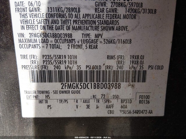 45094226 :رقم المزاد ، 2FMGK5DC1BBD03988 vin ، 2011 Ford Flex Limited مزاد بيع