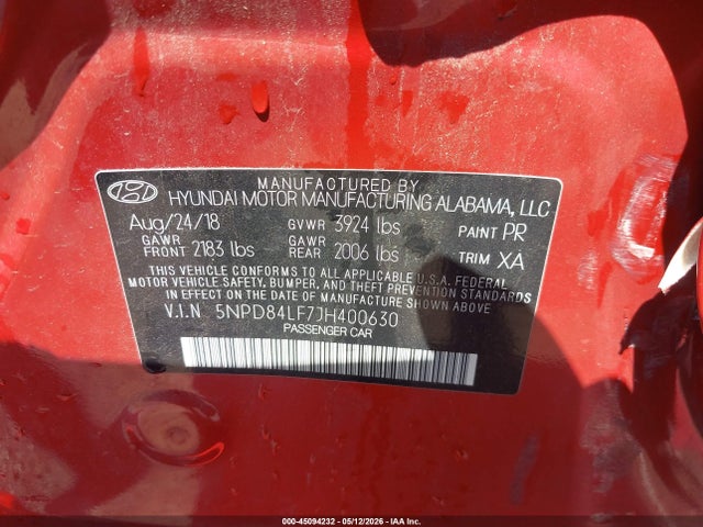 Продаж на аукціоні авто 2018 Hyundai Elantra Sel, vin: 5NPD84LF7JH400630, номер лоту: 45094232