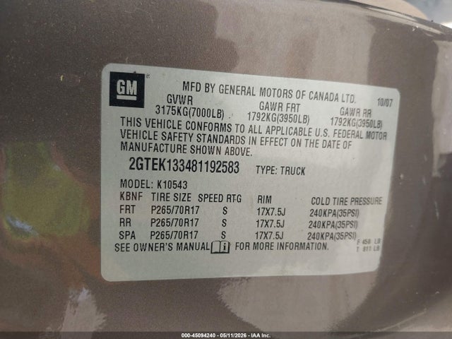 45094240 :رقم المزاد ، 2GTEK133481192583 vin ، 2008 Gmc Sierra 1500 Sle2 مزاد بيع