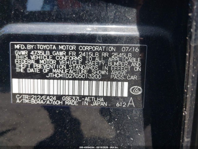Aukcja sprzedaży 2016 Lexus Is 300, vin: JTHCM1D27G5013200, numer aukcji: 45094244