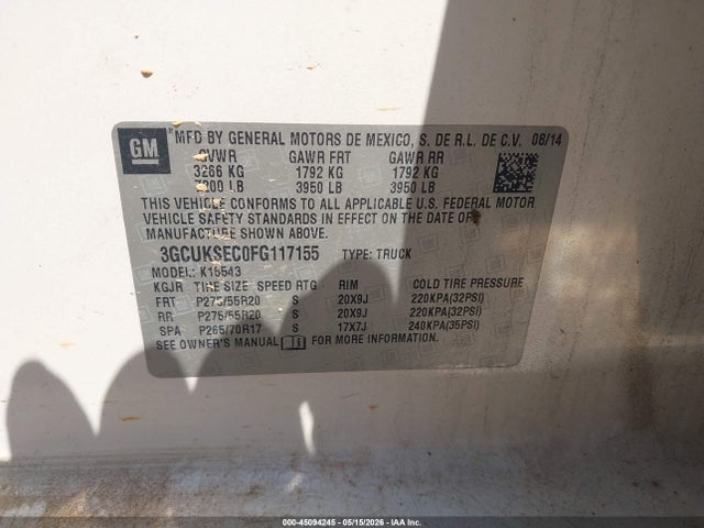 Aukcja sprzedaży 2015 Chevrolet Silverado 1500 2lz, vin: 3GCUKSEC0FG117155, numer aukcji: 45094245