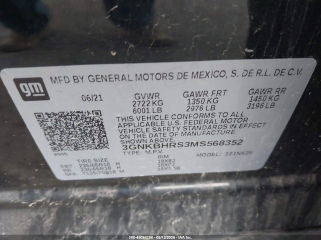 45094258 :رقم المزاد ، 3GNKBHRS3MS568352 vin ، 2021 Chevrolet Blazer Awd 2lt مزاد بيع