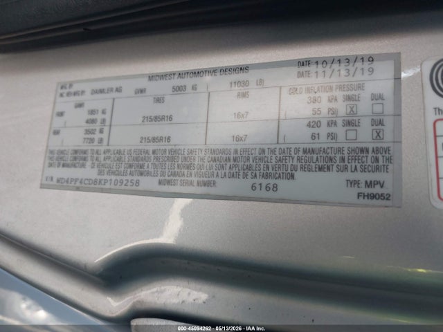 2019 Mercedes-benz Sprinter 3500xd High Roof V6 მანქანა იყიდება აუქციონზე, vin: WD4PF4CD8KP109258, აუქციონის ნომერი: 45094262