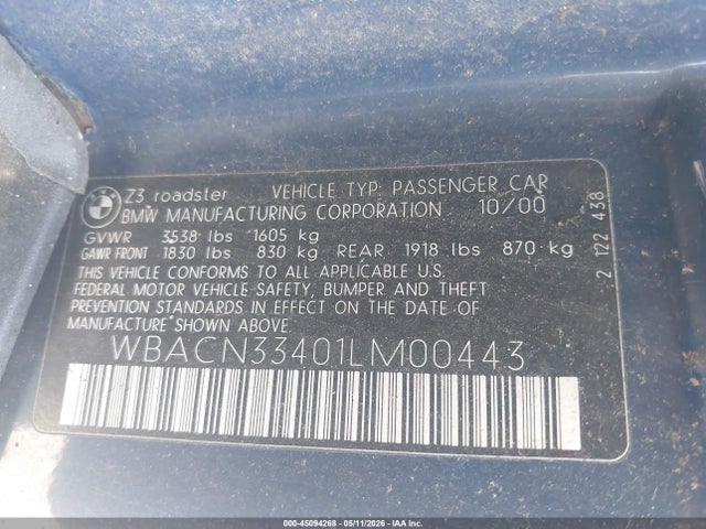 45094268 :رقم المزاد ، WBACN33401LM00443 vin ، 2001 Bmw Z3 2.5i مزاد بيع