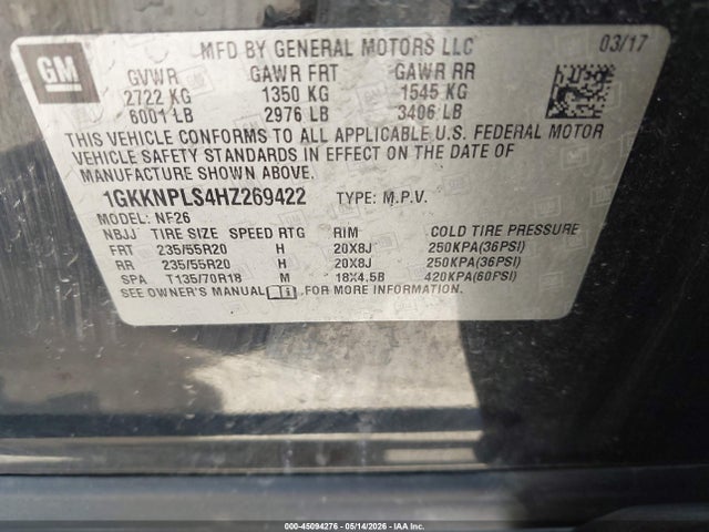 45094276 :رقم المزاد ، 1GKKNPLS4HZ269422 vin ، 2017 Gmc Acadia Denali مزاد بيع