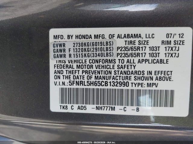 Продажа на аукционе авто 2012 Honda Odyssey Ex-l, vin: 5FNRL5H65CB132990, номер лота: 45094278