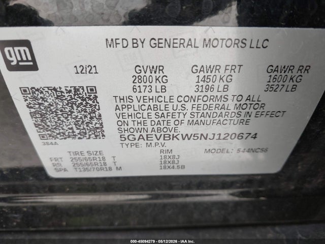 45094279 :رقم المزاد ، 5GAEVBKW5NJ120674 vin ، 2022 Buick Enclave Awd Premium مزاد بيع
