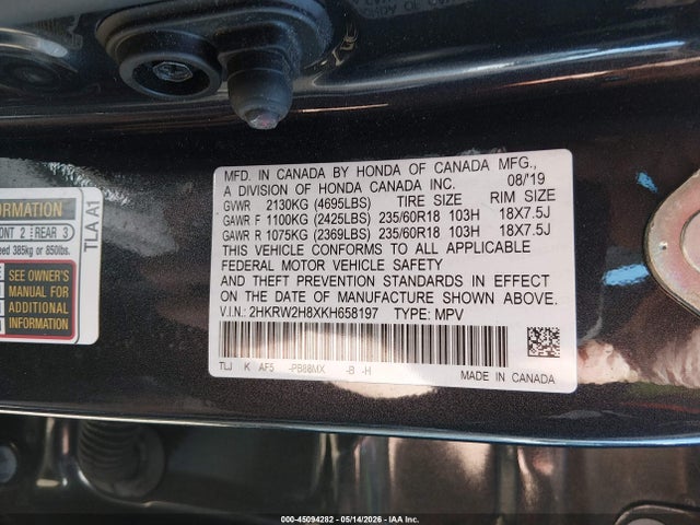 45094282 :رقم المزاد ، 2HKRW2H8XKH658197 vin ، 2019 Honda Cr-v Ex-l مزاد بيع