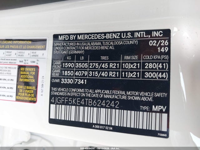 45094287 :رقم المزاد ، 4JGFF5KE4TB624242 vin ، 2026 Mercedes-benz Gls 450 4matic مزاد بيع